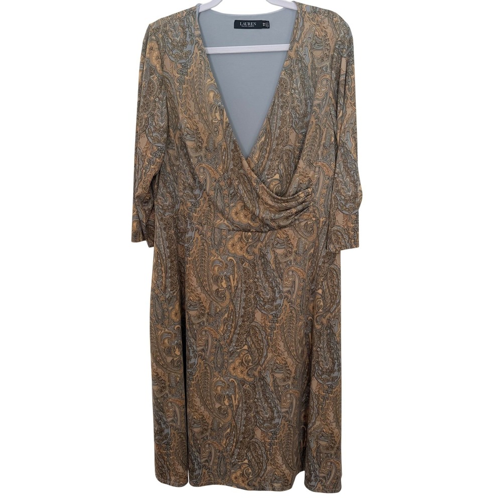 Lauren Ralph Lauren Paisley V-Neck Draped Midi Dress Beige Blue Paisley 16W